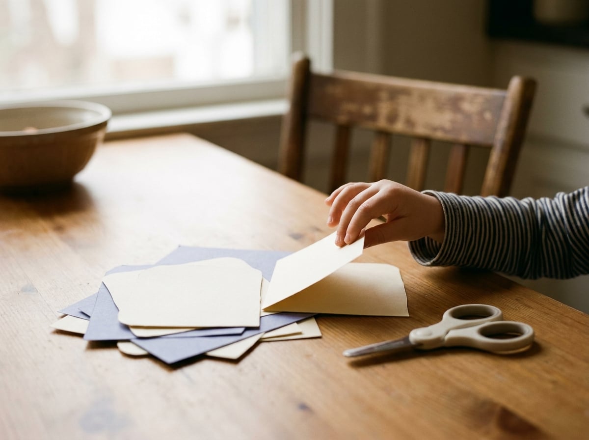 Dziecięca dłoń podnosi papierową kartę ze stosu na kuchennym stole, obok leżą nożyczki